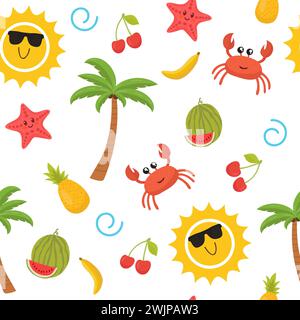 Farbenfrohes, nahtloses Sommermuster mit Sonne, Krabbe, Seesternen, Palme, Ananas, Banane und Wassermelone. Niedlicher Hintergrund. Vektorabbildung Stock Vektor