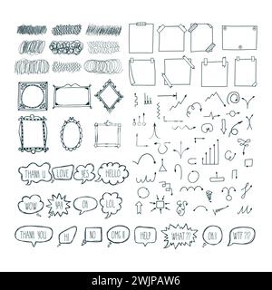 Satz handgezeichneter Pfeile, Sprechblasen, Rahmen und Notizpapiere. Doodle-STYLE. Entwurfselemente skizzieren. Vektorabbildung Stock Vektor