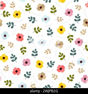 Nahtloses Blumenmuster mit Blättern und Blumen. Niedlicher Hintergrund mit Blumenmuster im Frühling mit dekorativen Elementen für Ihr Design Stock Vektor