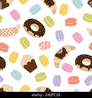 Süßes nahtloses Muster mit französischen Makronen, Croissants und Donuts. Handgezeichneter Hintergrund mit süßen köstlichen Desserts. Frische Bäckerei. Vektorillustra Stock Vektor
