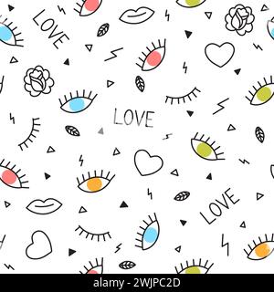 Nahtloses Doodle-Muster mit Augen, Herzen, Lippen und anderen geometrischen Elementen. Memphis-Stil. Moderner handgezeichneter Hintergrund. Vektorabbildung Stock Vektor