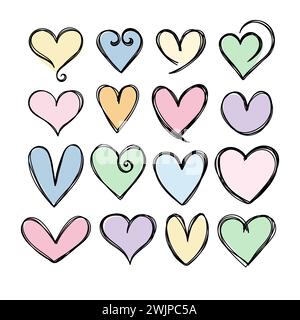 Sammlung von niedlichen handgezeichneten Herzen. Herzsymbole. Designelemente für Valentinstag und Hochzeitstag. Romantisches Set. Vektorabbildung Stock Vektor