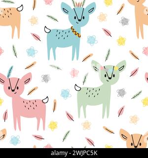 Nahtloses Tribal-Muster mit niedlichen handgezeichneten Hirschen. Kindliche Textur für Gewebe oder Textilien. Hintergrund für Kinder. Vektorabbildung Stock Vektor