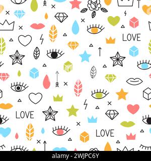 Doodle nahtloses Muster mit Augen, Lippen, Herzen und anderen geometrischen Elementen. Moderner handgezeichneter Hintergrund. Memphis Fashion STYLE. Vektorabbildung Stock Vektor