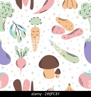 Süßes nahtloses Muster mit Gemüse. Bunte gesunde Lebensmittel Hintergrund. Bio-Lebensmittel. Vektorabbildung Stock Vektor