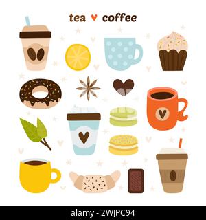 Kaffee- und Teesammlung. Symbole im Café. Makronen, Schokolade, Kuchen, Zitrone, Croissant, Zimt, Donut. Vektorabbildung Stock Vektor