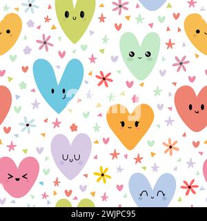 Süßes nahtloses Muster mit farbigen Kawaii-Herzen. Romantisches Muster. Niedlicher Hintergrund. Vektorabbildung Stock Vektor