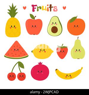 Süße handgezeichnete Kawaii-Früchte. Gesunde STYLE-Kollektion. Flacher STYLE. Vegetarische Speisen. Cartoon. Vektorabbildung Stock Vektor