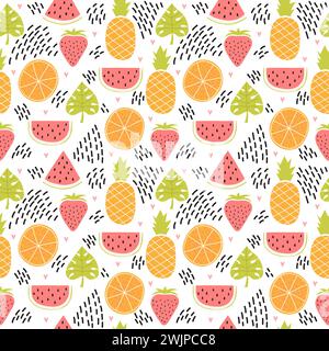 Handgezeichnetes farbenfrohes nahtloses Muster mit tropischen Früchten und Blättern. Niedlicher Sommer-Hintergrund. Kreative Textur. Vektorabbildung Stock Vektor