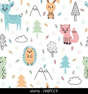 Nahtloses kindliches Muster mit niedlichen handgezeichneten Waldtieren. Design-Textur für Stoff, Verpackung, Textil, Dekor. Waldhintergrund im Cartoon-Stil Stock Vektor
