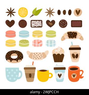 Kaffee- und Teesammlung. Symbole im Café. Set von Teesymbolen, Objekten und Elementen. Makronen, Schokolade, Croissant, Donut. Vektorabbildung Stock Vektor