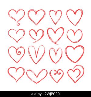 Sammlung von niedlichen handgezeichneten Herzen. Designelemente für Valentinstag und Hochzeitstag. Herzsymbole. Romantisches Set. Vektorabbildung Stock Vektor