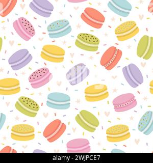Niedliches nahtloses Muster mit französischen Makronen. Handgezeichneter Hintergrund mit süßen köstlichen Desserts. Frische Bäckerei. Vektorabbildung Stock Vektor
