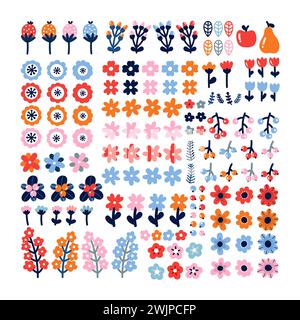 Set mit Blumenelementen. Handgezeichnete Blumen, Blätter, Zweige, Beeren und Kräuter. Elemente der Frühlingszeit. Niedliche florale Kritzeleien Stock Vektor