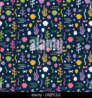 Nahtloses Unterwasser-Muster mit handgezeichneten Algen, Muscheln, Fischen und Korallen. Unter dem Meer. Sommer. Niedlicher Meereshintergrund. Vektorabbildung Stock Vektor