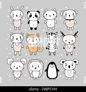 Set mit niedlichen handgezeichneten Tieren. Lustige Zeichentrickfiguren. Häschen, Panda, Katze, Hund, Bär, fuchs, Zebra, Hirsch, Maus, Igel, pinguin, Koala. Vektorillu Stock Vektor