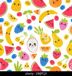 Nahtloses Muster mit lustigen und fröhlichen Kawaii-Früchten. Sommer tropische gesunde Lebensmittel. Niedlicher kindlicher Hintergrund Stock Vektor