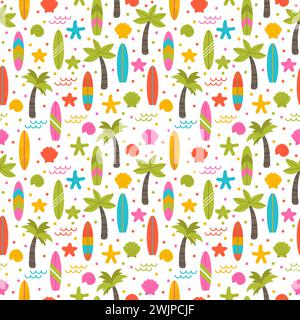 Handgezeichnetes nahtloses Sommermuster mit Strandsymbolen. Hintergrund zum Thema Strand. Vektorabbildung Stock Vektor