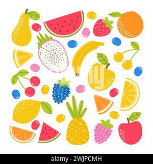 Tropische Früchte. Frische Bio-Küche. Handgezeichneter Apfel, Erdbeere, Ananas, Wassermelone, Kirsche und Banane. Vektorabbildung Stock Vektor
