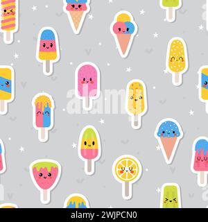 Farbenfrohes nahtloses Sommermuster mit Kawaii-Eis. Geschenkpapier, Stoff. Süße Süßigkeiten im Hintergrund. Vektorabbildung Stock Vektor