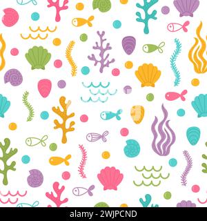 Nahtloses Unterwasser-Muster mit handgezeichneten Algen, Muscheln, Fischen und Korallen. Unter dem Meer. Sommer. Niedlicher kindlicher Hintergrund. Vektorabbildung Stock Vektor