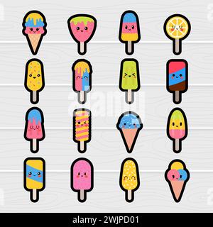 Sammlung von niedlichen Kawaii-Eisaufklebern. Handgezeichnete Cartoon-Sommerbonbons. Gefrorener Fruchtsaft, Nachtisch. Vektorabbildung Stock Vektor
