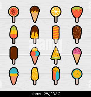 Sammlung niedlicher Cartoon-Eisaufkleber. Gefrorener Fruchtsaft, Nachtisch. Handgezeichnete Sommerbonbons. Vektorabbildung Stock Vektor