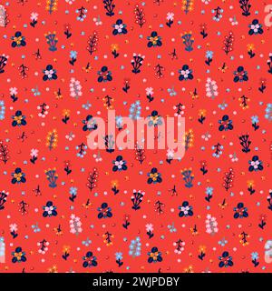 Süßes, nahtloses Blumenmuster mit Blumen und Beeren. Volkshintergrund. Design im skandinavischen Stil. Vektorabbildung Stock Vektor