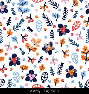 Niedliches nahtloses Muster mit handgezeichneten Blumen und Beeren. Farbenfroher Hintergrund mit Blumenmuster. Vektorabbildung Stock Vektor