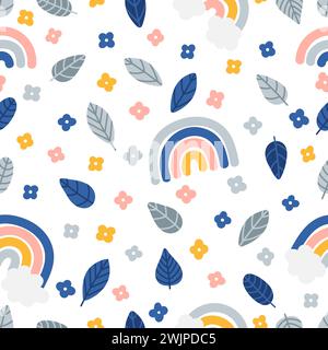 Niedliches nahtloses Sommermuster mit handgezeichneten Elementen. Blätter, Blumen und Regenbogen. Das Druckdesign eignet sich hervorragend für Stoffe, Geschenkpapier und Textilien. Vektor krank Stock Vektor