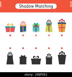 Schattenspiel für Kinder. Arbeitsblatt mit Geschenken. Weihnachten. Suchen Sie den richtigen Schatten. Aktivitäten für Kinder im Vorschulalter. Vektorabbildung Stock Vektor