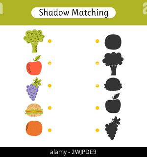 Schattenspiel für Kinder. Arbeitsblatt mit Lebensmitteln. Suchen Sie den richtigen Schatten. Aktivitäten für Kinder im Vorschulalter. Vektorabbildung Stock Vektor