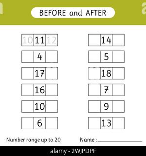Geben Sie die fehlenden Zahlen ein. Vorher und nachher. Zahlenbereich bis 20. Arbeitsblätter für Kinder. Mathematik. Vektorabbildung Stock Vektor