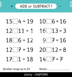 Addieren oder subtrahieren. Zahlenbereich bis 20. Addition und Subtraktion. Mathematische Übungen. Arbeitsblatt für Kinder. Vektorabbildung Stock Vektor