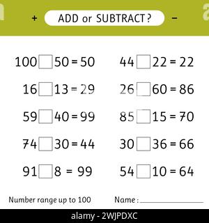 Addieren oder subtrahieren. Zahlenbereich bis 100. Mathematische Übungen. Addition und Subtraktion. Arbeitsblätter für Kinder. Vektorabbildung Stock Vektor