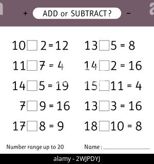 Addieren oder subtrahieren. Zahlenbereich bis 20. Arbeitsblatt für Kinder. Addition und Subtraktion. Mathematische Übungen. Vektorabbildung Stock Vektor