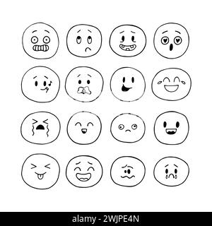 Handgezeichnete lustige Smiley-Gesichter. Emoji-Symbole. Set mit skizzierten Gesichtsausdrücken. Kawaii-STYLE. Sammlung emotionaler Zeichentrickfiguren. Vektorillustra Stock Vektor