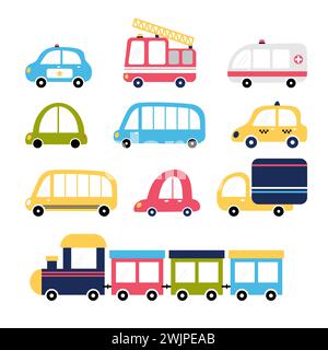 Niedliches Set mit Cartoon-Transports für Kinder. Sammlung von Autos. Feuerwehrauto, Krankenwagen, Polizei, Zug, Taxi, Bus. Vektorabbildung Stock Vektor