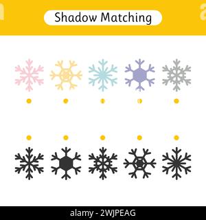 Passende Spiele für Kinder. Arbeitsblatt mit Weihnachtsschneeflocken. Suchen Sie das richtige Paar. Aktivitäten für Kinder im Vorschulalter. Vektorabbildung Stock Vektor