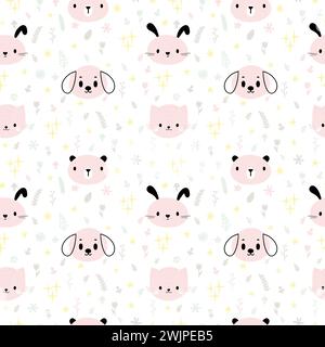 Kindliches, nahtloses Muster mit niedlichen, lächelnden Tieren. Kreative Babytextur für Stoff, Kinderzimmer, Textilien, Kleidung. Pastellhintergrund. Vektorillustratio Stock Vektor