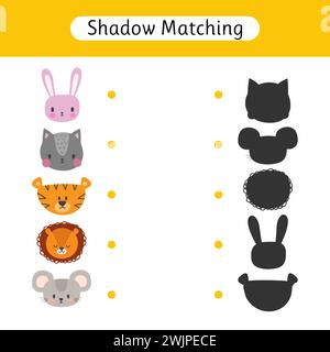 Suchen Sie den richtigen Schatten. Schattenspiel für Kinder. Arbeitsblatt mit Tieren. Aktivitäten für Kinder im Vorschul- und Schulalter. Vektorabbildung Stock Vektor