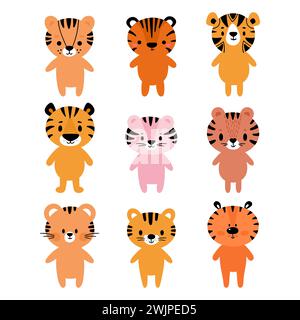 Niedliche Tiger. Set niedlicher Zeichentricktiere. Passt zum Entwerfen von Babykleidung. Handgezeichnete lächelnde Charaktere. Glückliches Tier. Vektorabbildung Stock Vektor