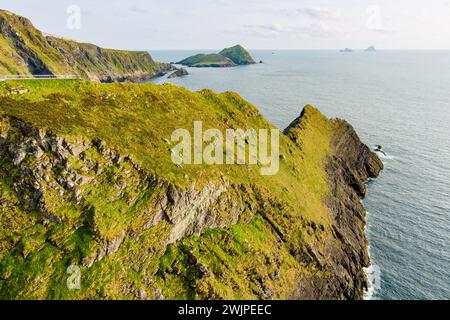 Erstaunliche Wellen peitschten Kerry Klippen, weithin als die meisten spektakulären Klippen im County Kerry, Irland akzeptiert. Touristische Attraktionen auf dem berühmten Ring of Kerry Stockfoto