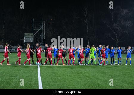 Genk, Belgien. Februar 2024. LNE-up vor einem Frauenfußballspiel zwischen Racing Genk Ladies und SV Zulte-Waregem am 17. Spieltag der Saison 2023 - 2024 der Belgischen Lotto Womens Super League, Freitag, 16. Februar 2024 in Genk, Belgien. Quelle: Sportpix/Alamy Live News Stockfoto