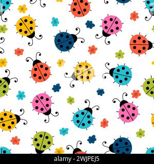 Handgezeichnetes nahtloses Muster mit niedlichen Marienkäfern und Blumen. Einfaches Grafikdesign. Skandinavischer Stil. Schöner Hintergrund. Vektorabbildung Stock Vektor