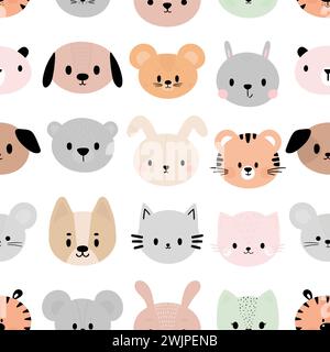 Kindliches nahtloses Muster mit süßen Gesichtern. Niedliche Tiere. Kreative Babytextur für Stoff, Kinderzimmer, Textilien, Kleidung. Vektorabbildung Stock Vektor