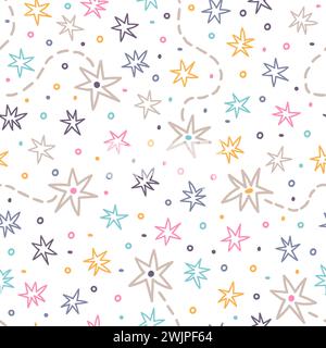 Handgezeichnetes nahtloses Muster mit Sternen und Glitzern. Leerraum. Konstellation. Design für Textil, Stoff, Verpackung, Tapeten. Skandinavischer Doodle-Stil. Stock Vektor