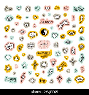 Sticker Kollektion. Doodle Line Set mit verschiedenen Designelementen. Tattoo-Design. Niedliche handgezeichnete Kritzeleien. Graffiti-Dekoration. Vektorabbildung Stock Vektor