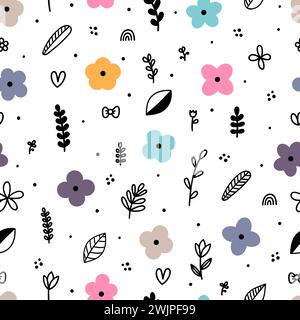 Cute floral seamless pattern with hand drawn elements. Doodle flowers. Spring. Scandinavian style. Vector illustration Stock Vektor