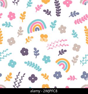 Niedliches nahtloses Blumenmuster mit handgezeichneten Elementen. Feder. Regenbogen, Blumen. Skandinavischer Stil. Vektorabbildung Stock Vektor
